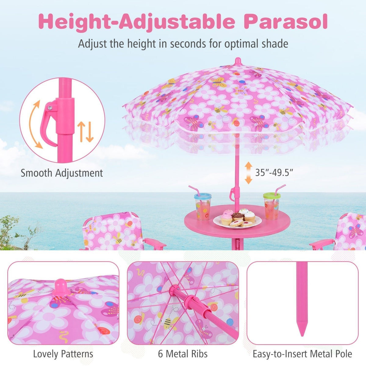 Kids Outdoor Table and Chair Set with 2 Folding Chairs and Height Adjustable UmbrellaTorqelo.com