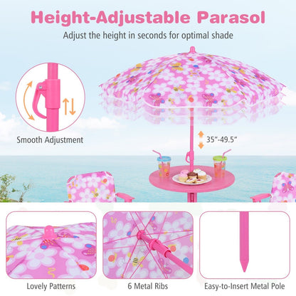 Kids Outdoor Table and Chair Set with 2 Folding Chairs and Height Adjustable UmbrellaTorqelo.com