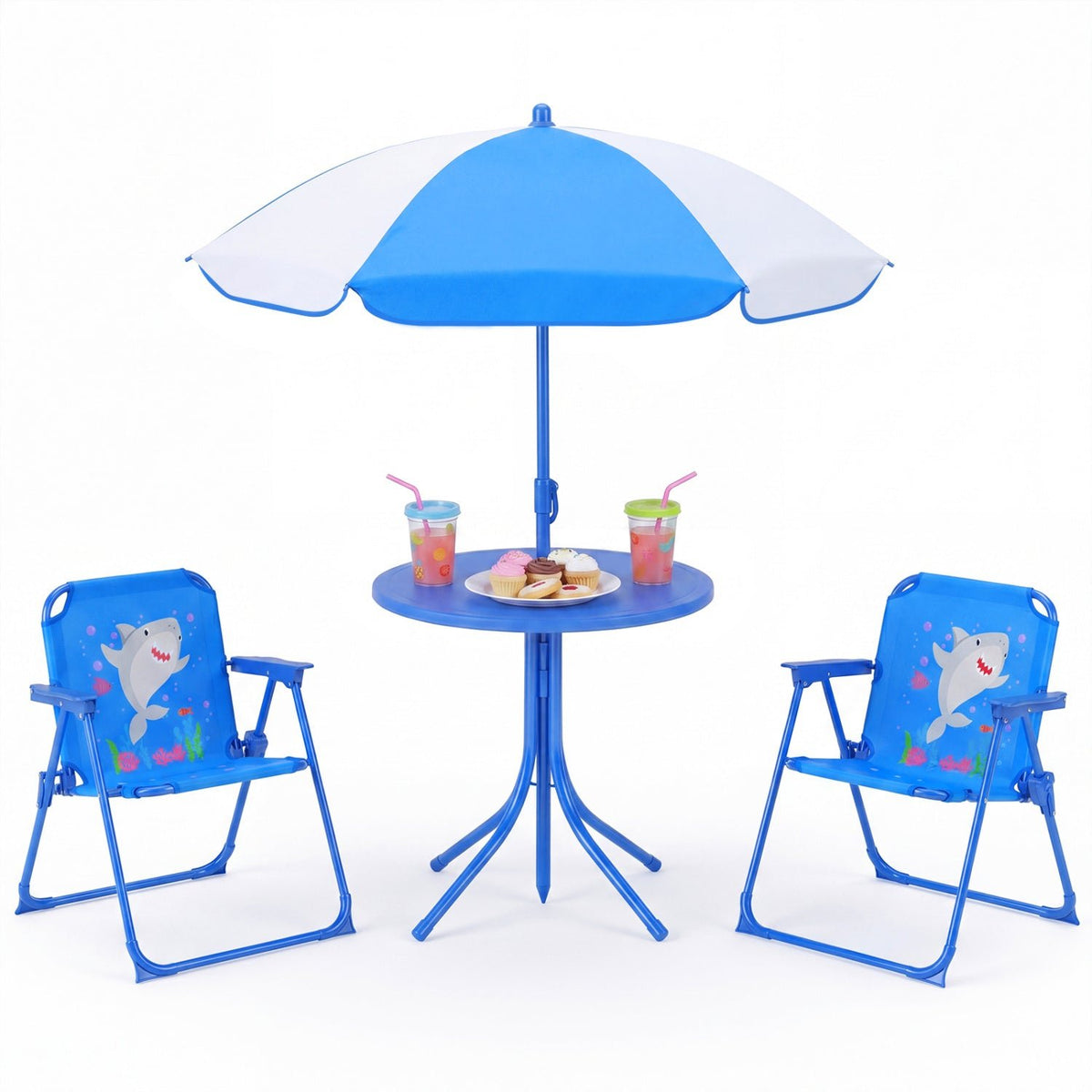 Kids Outdoor Table and Chair Set with 2 Folding Chairs and Height Adjustable UmbrellaTorqelo.com