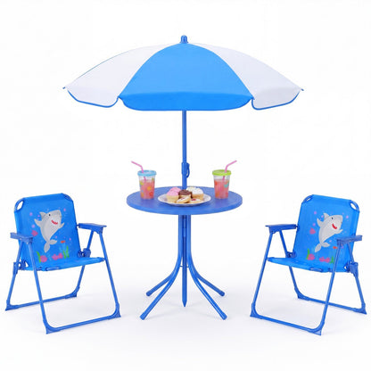 Kids Outdoor Table and Chair Set with 2 Folding Chairs and Height Adjustable UmbrellaTorqelo.com