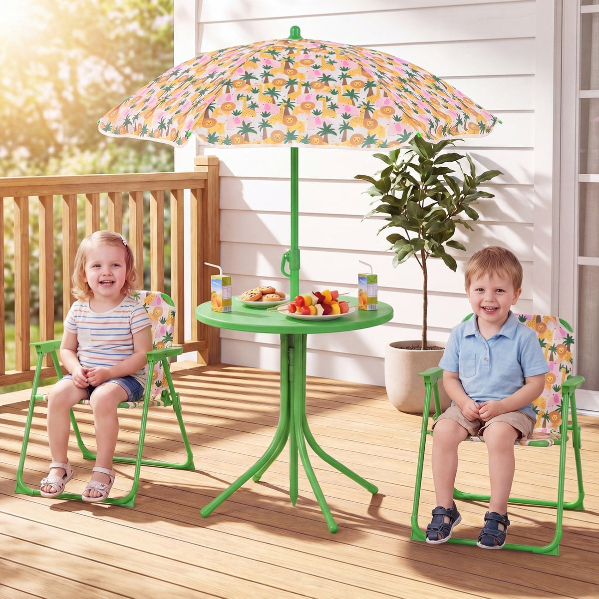 Kids Outdoor Table and Chair Set with 2 Folding Chairs and Height Adjustable UmbrellaTorqelo.com