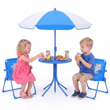 Kids Outdoor Table and Chair Set with 2 Folding Chairs and Height Adjustable UmbrellaTorqelo.com