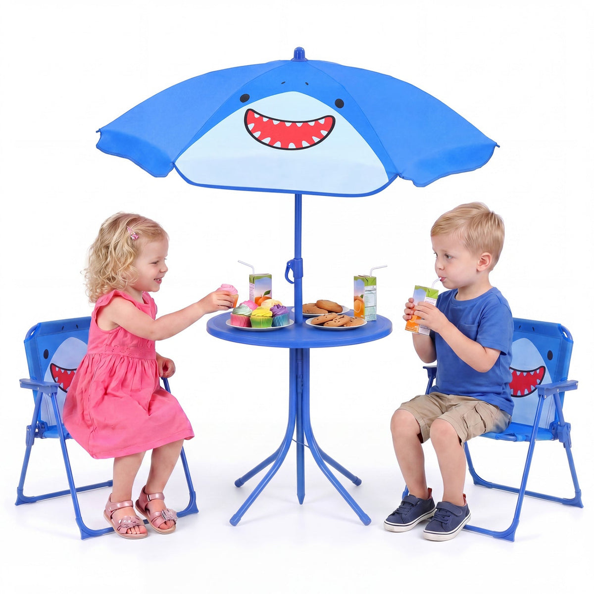 Kids Outdoor Table and Chair Set with 2 Folding Chairs and Height Adjustable UmbrellaTorqelo.com