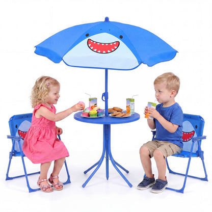 Kids Outdoor Table and Chair Set with 2 Folding Chairs and Height Adjustable UmbrellaTorqelo.com