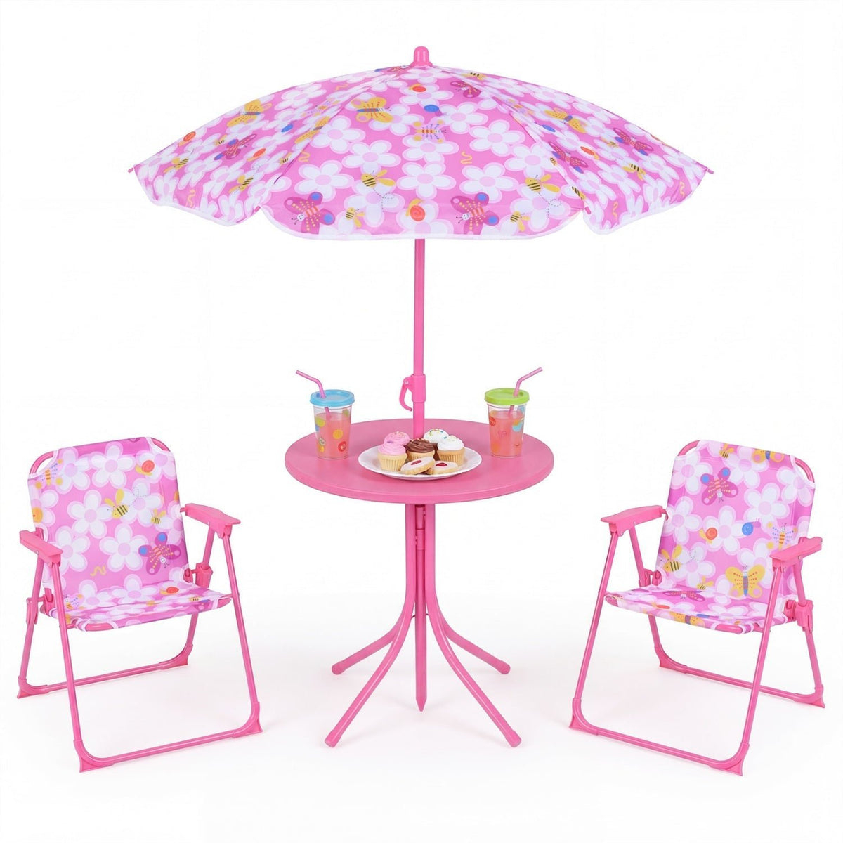 Kids Outdoor Table and Chair Set with 2 Folding Chairs and Height Adjustable UmbrellaTorqelo.com