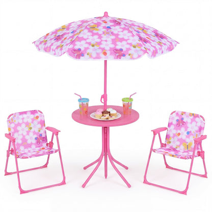 Kids Outdoor Table and Chair Set with 2 Folding Chairs and Height Adjustable UmbrellaTorqelo.com