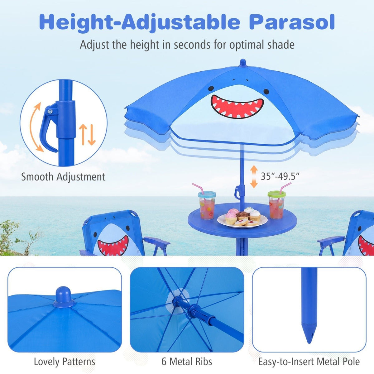 Kids Outdoor Table and Chair Set with 2 Folding Chairs and Height Adjustable UmbrellaTorqelo.com