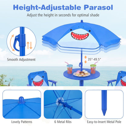 Kids Outdoor Table and Chair Set with 2 Folding Chairs and Height Adjustable UmbrellaTorqelo.com