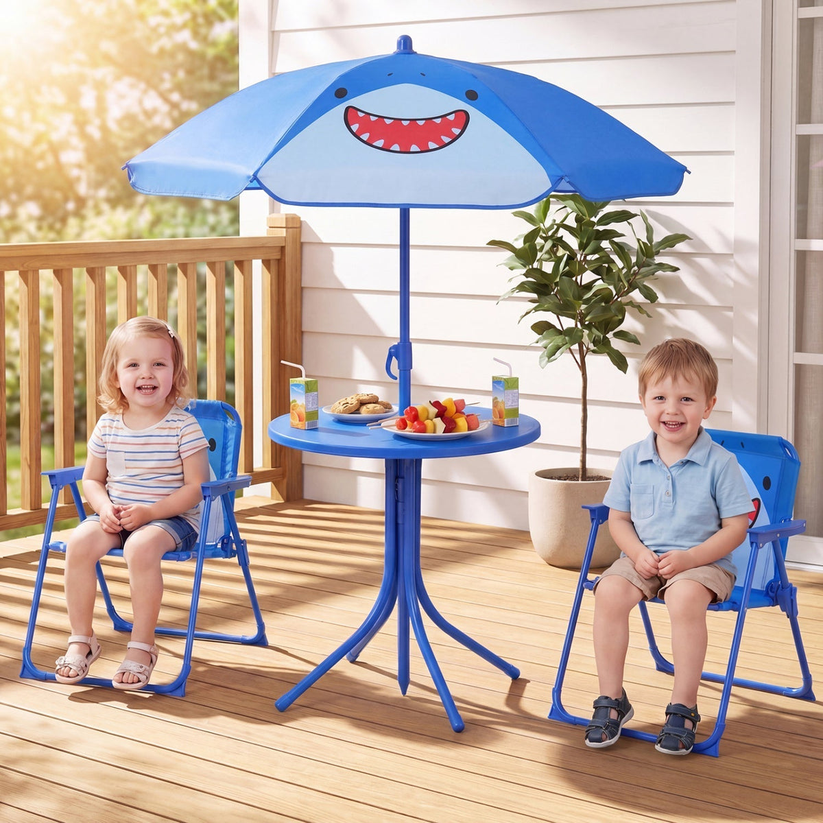 Kids Outdoor Table and Chair Set with 2 Folding Chairs and Height Adjustable UmbrellaTorqelo.com