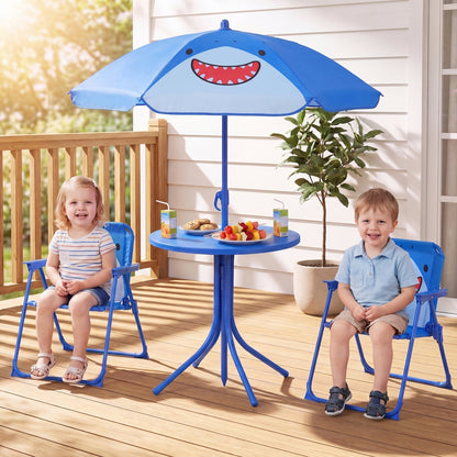 Kids Outdoor Table and Chair Set with 2 Folding Chairs and Height Adjustable UmbrellaTorqelo.com