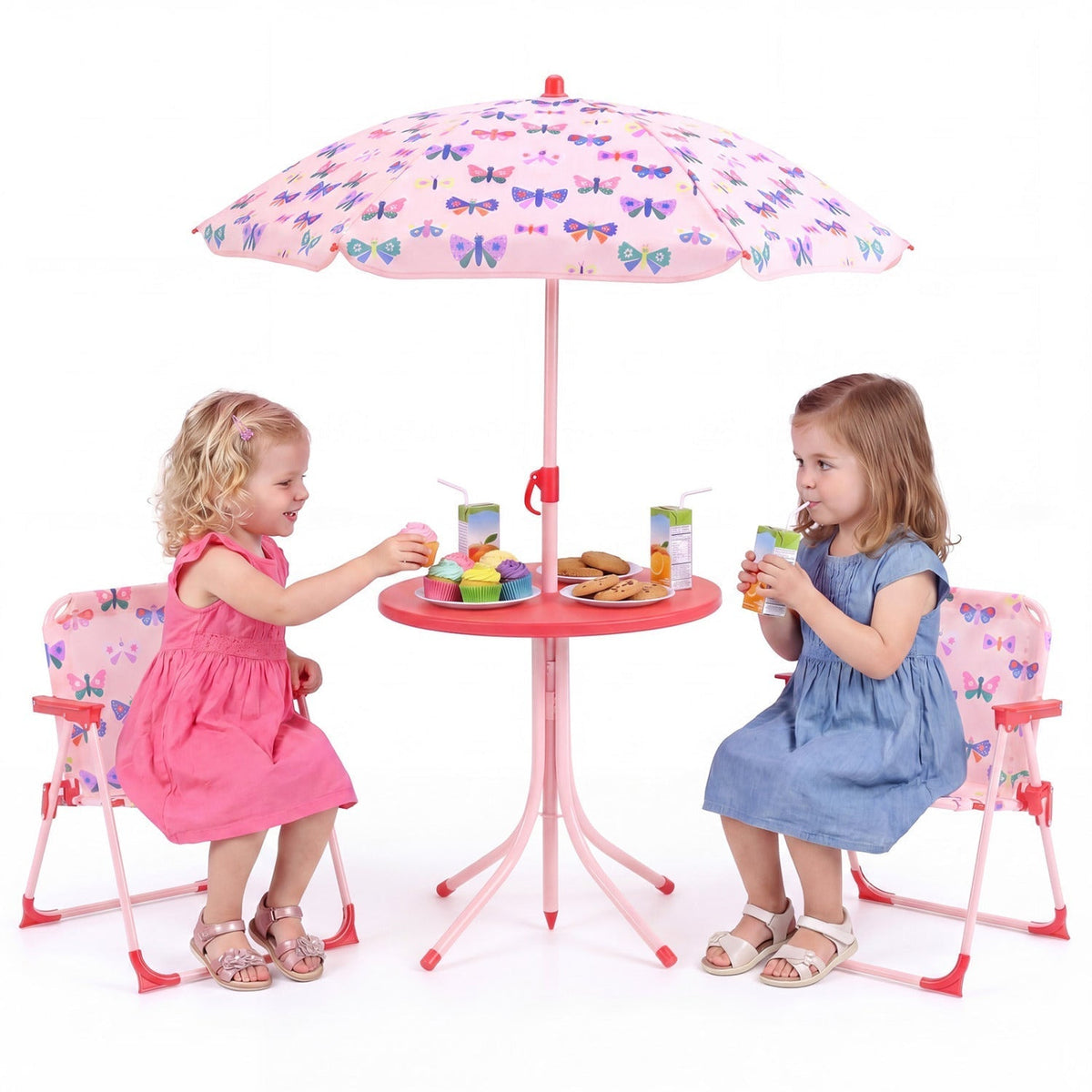 Kids Outdoor Table and Chair Set with 2 Folding Chairs and Height Adjustable UmbrellaTorqelo.com