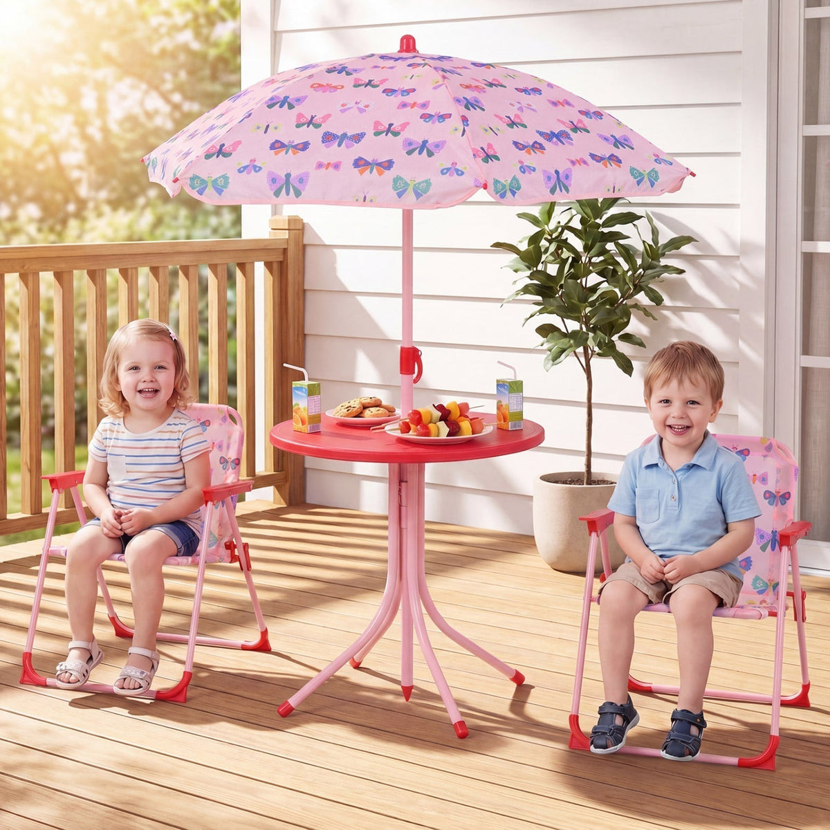 Kids Outdoor Table and Chair Set with 2 Folding Chairs and Height Adjustable UmbrellaTorqelo.com
