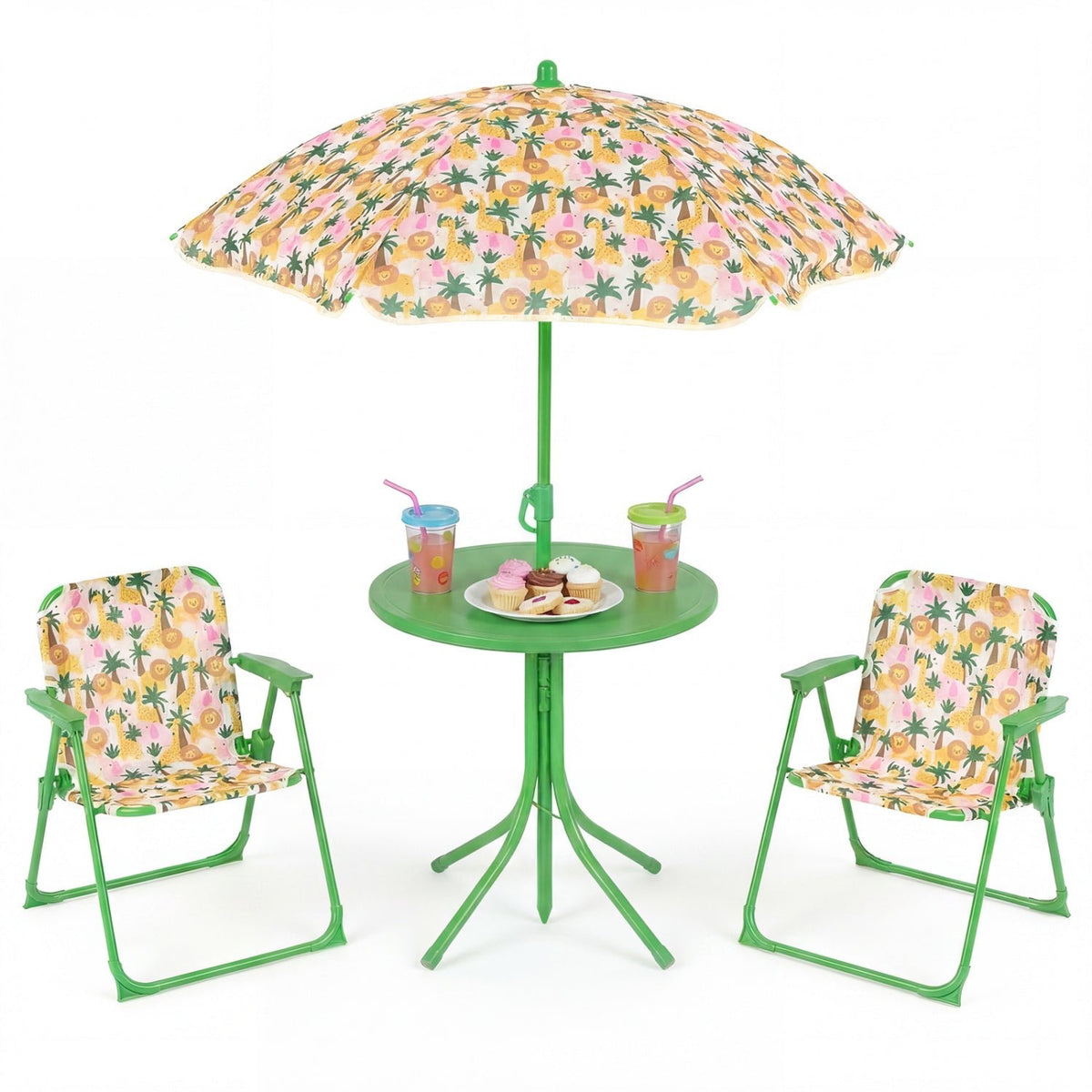 Kids Outdoor Table and Chair Set with 2 Folding Chairs and Height Adjustable UmbrellaTorqelo.com
