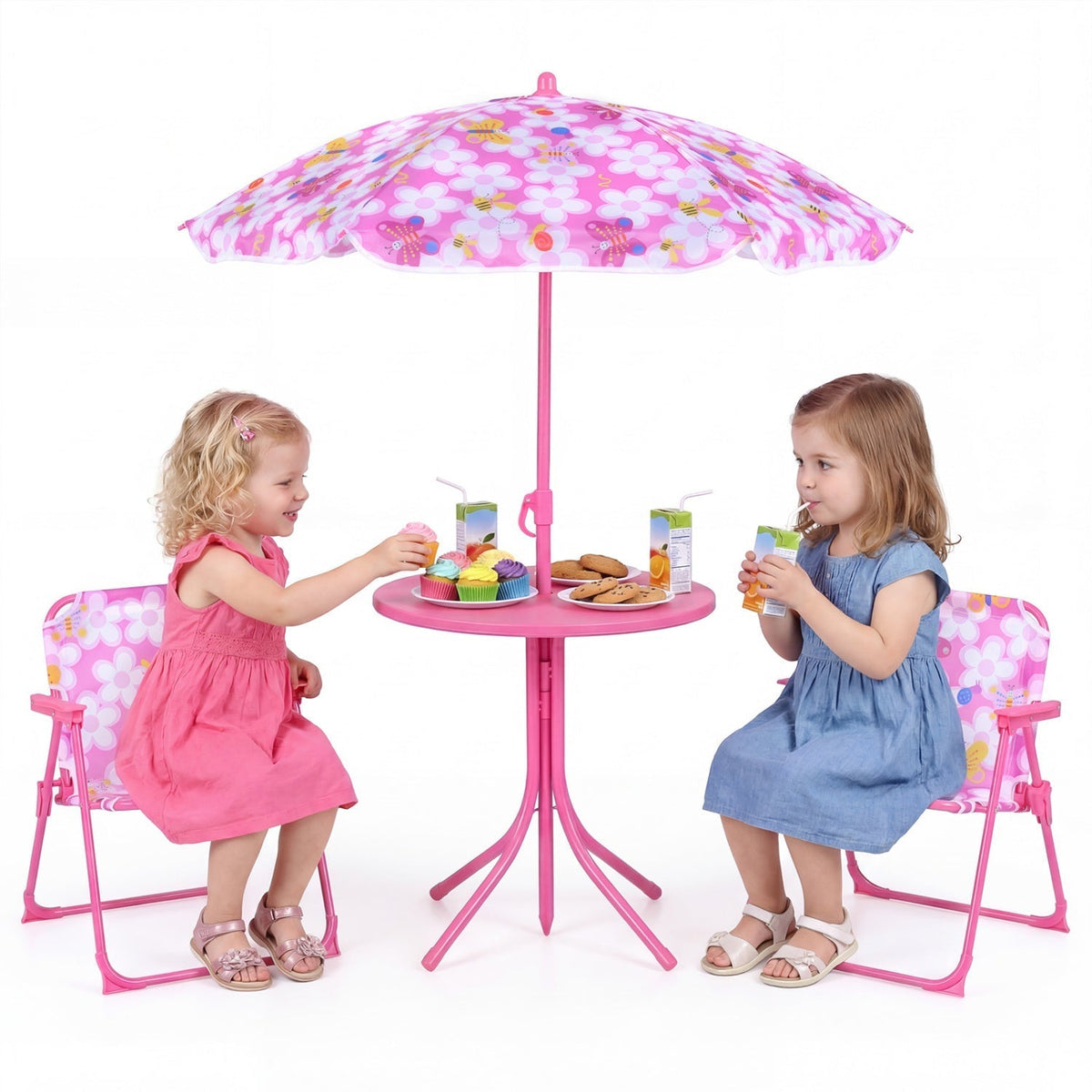 Kids Outdoor Table and Chair Set with 2 Folding Chairs and Height Adjustable UmbrellaTorqelo.com