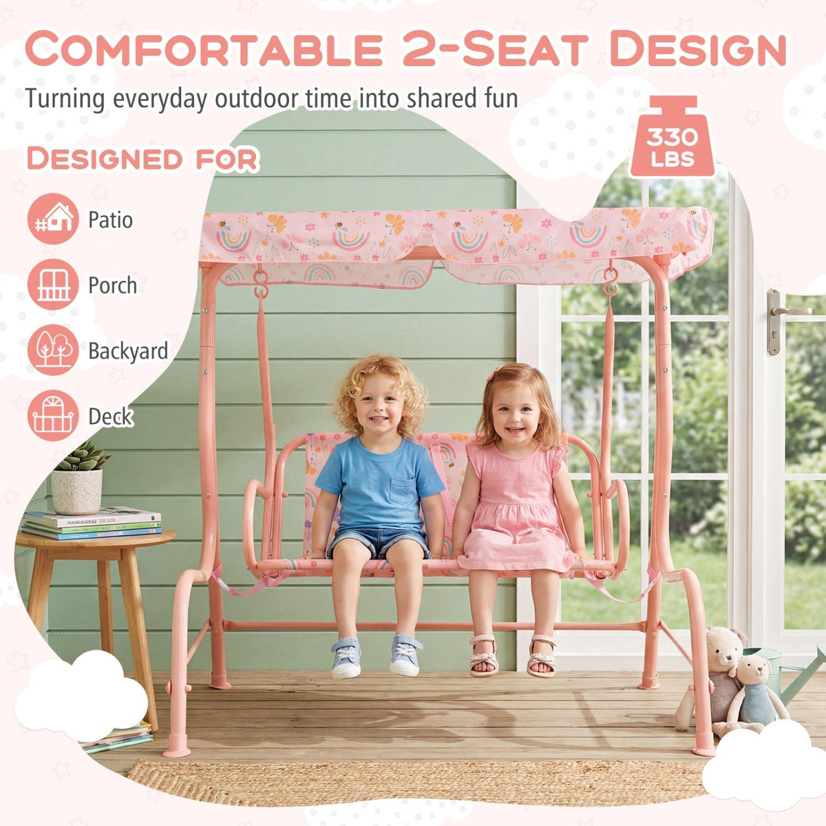 Kids Patio Swing 2-Seater Outdoor Porch Swing Lounge Chair with Adjustable CanopyTorqelo.com