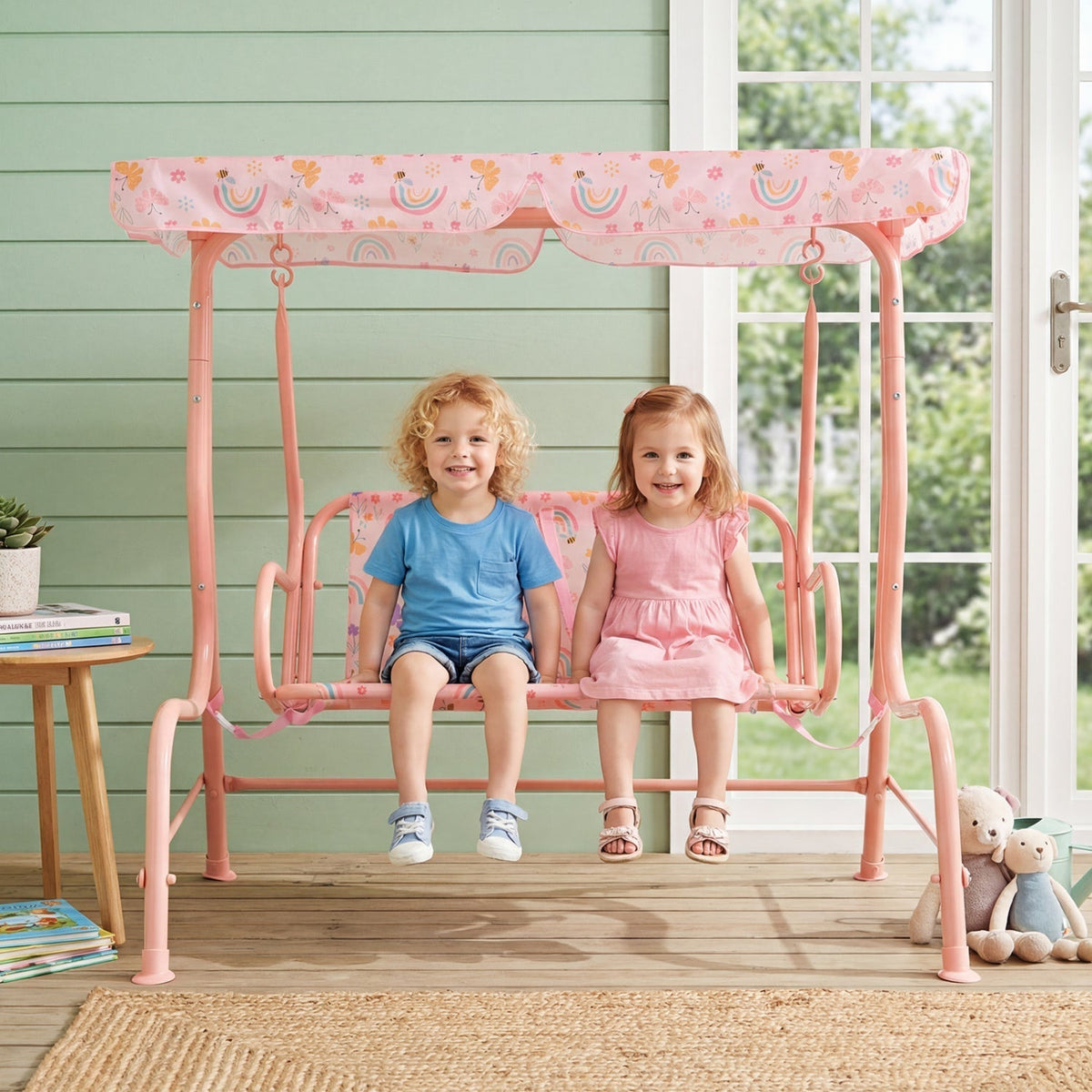 Kids Patio Swing 2-Seater Outdoor Porch Swing Lounge Chair with Adjustable CanopyTorqelo.com