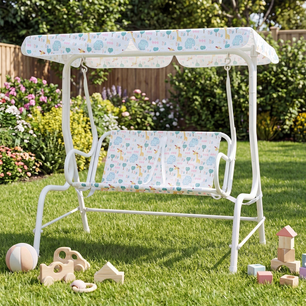 Kids Patio Swing 2-Seater Outdoor Porch Swing Lounge Chair with Adjustable CanopyTorqelo.com