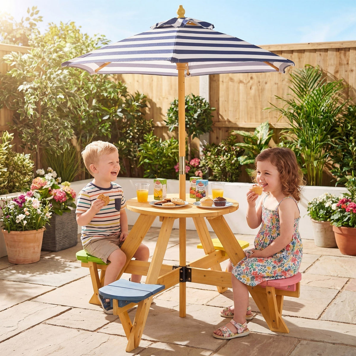 Kids Picnic Table with Stools and Foldable Adjustable Umbrella for Backyard and PatioTorqelo.com