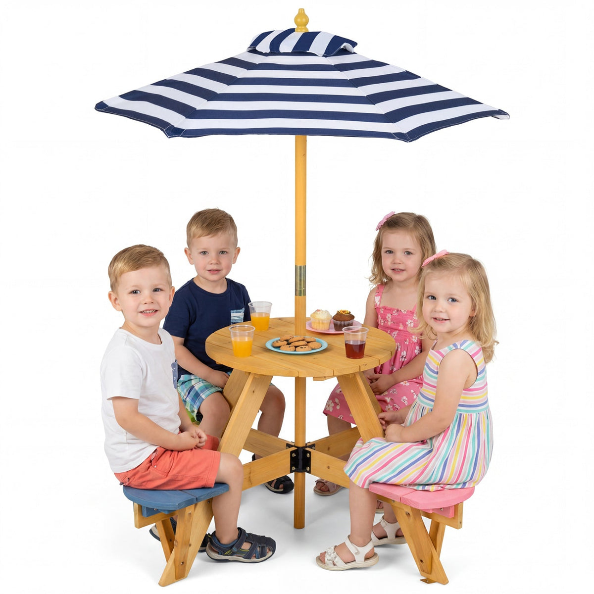 Kids Picnic Table with Stools and Foldable Adjustable Umbrella for Backyard and PatioTorqelo.com