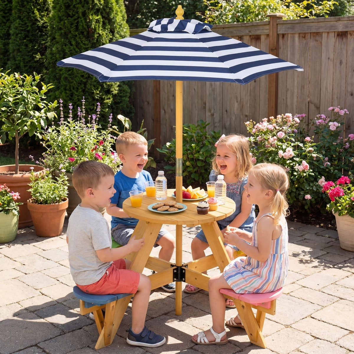 Kids Picnic Table with Stools and Foldable Adjustable Umbrella for Backyard and PatioTorqelo.com