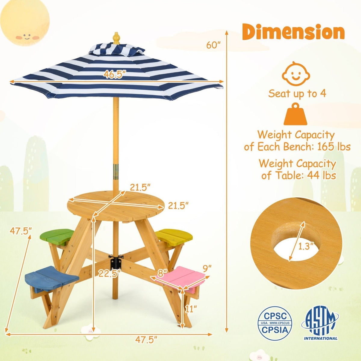 Kids Picnic Table with Stools and Foldable Adjustable Umbrella for Backyard and PatioTorqelo.com