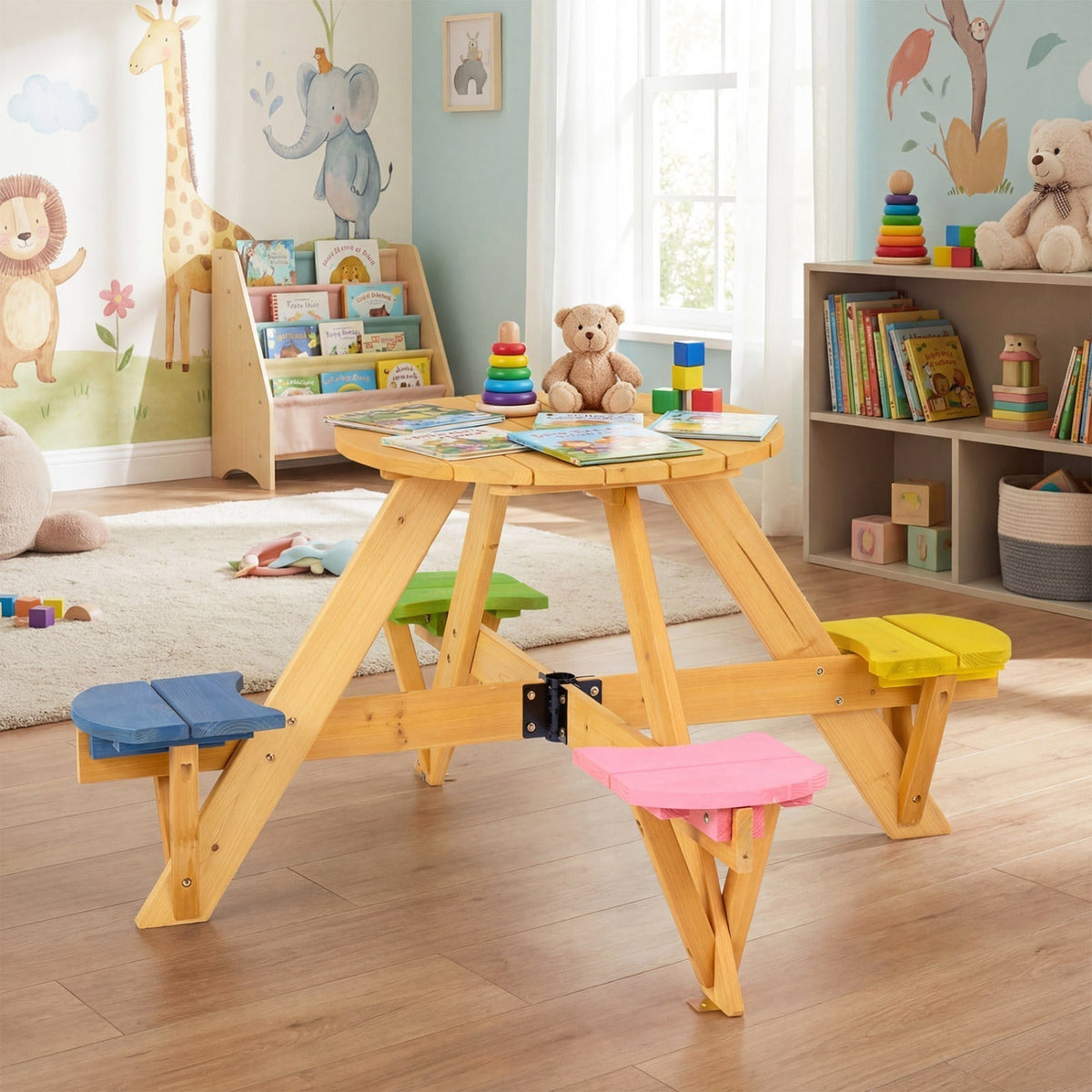 Kids Picnic Table with Stools and Foldable Adjustable Umbrella for Backyard and PatioTorqelo.com