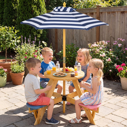 Kids Picnic Table with Stools and Foldable Adjustable Umbrella for Backyard and PatioTorqelo.com