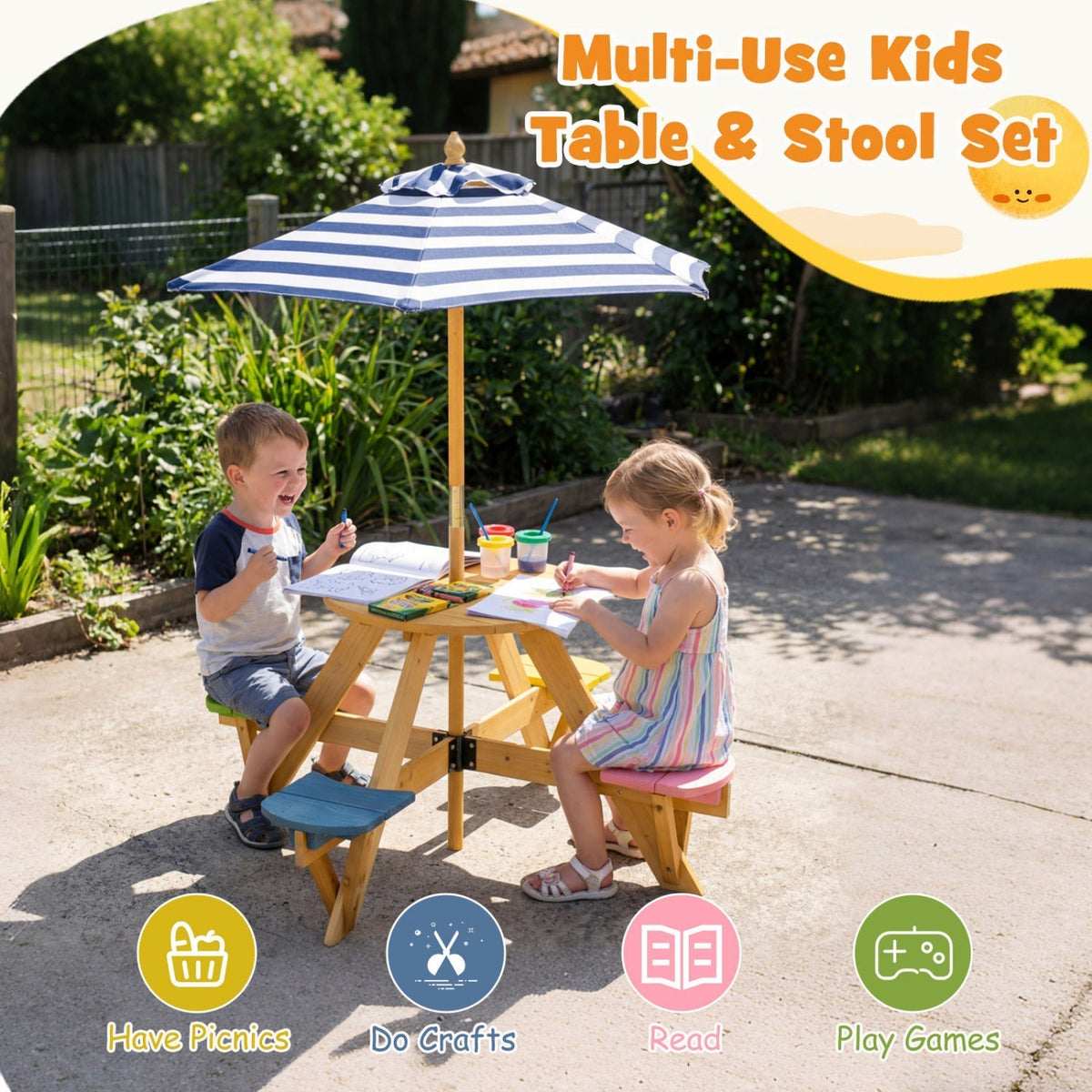 Kids Picnic Table with Stools and Foldable Adjustable Umbrella for Backyard and PatioTorqelo.com