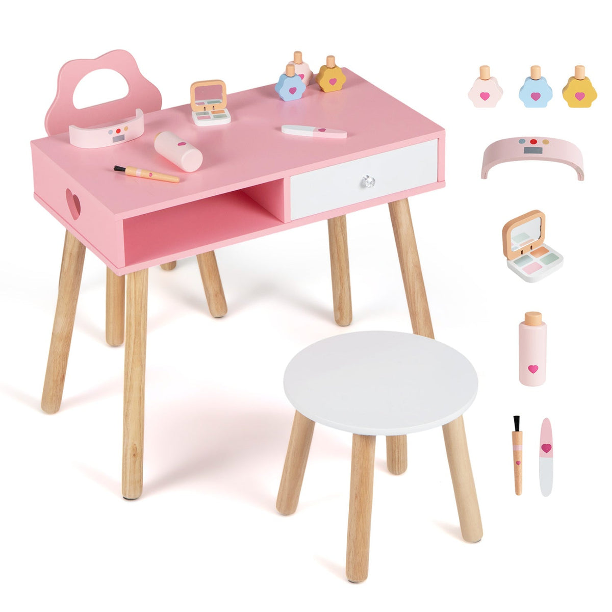 Kids Pretend Nail Salon Playset with Chair and Stool Wooden Toddlers Makeup and Manicure Kit with Eye ShadowTorqelo.com