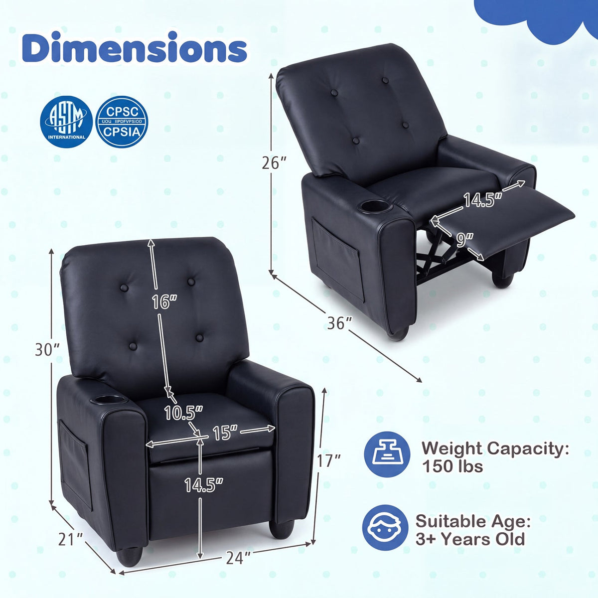Kids Recliner Chair with Cup Holder & Adjustable BackrestKids ReclinerTorqelo.com