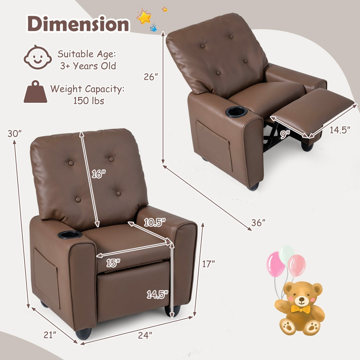 Kids Recliner Chair with Cup Holder & Adjustable BackrestKids ReclinerTorqelo.com