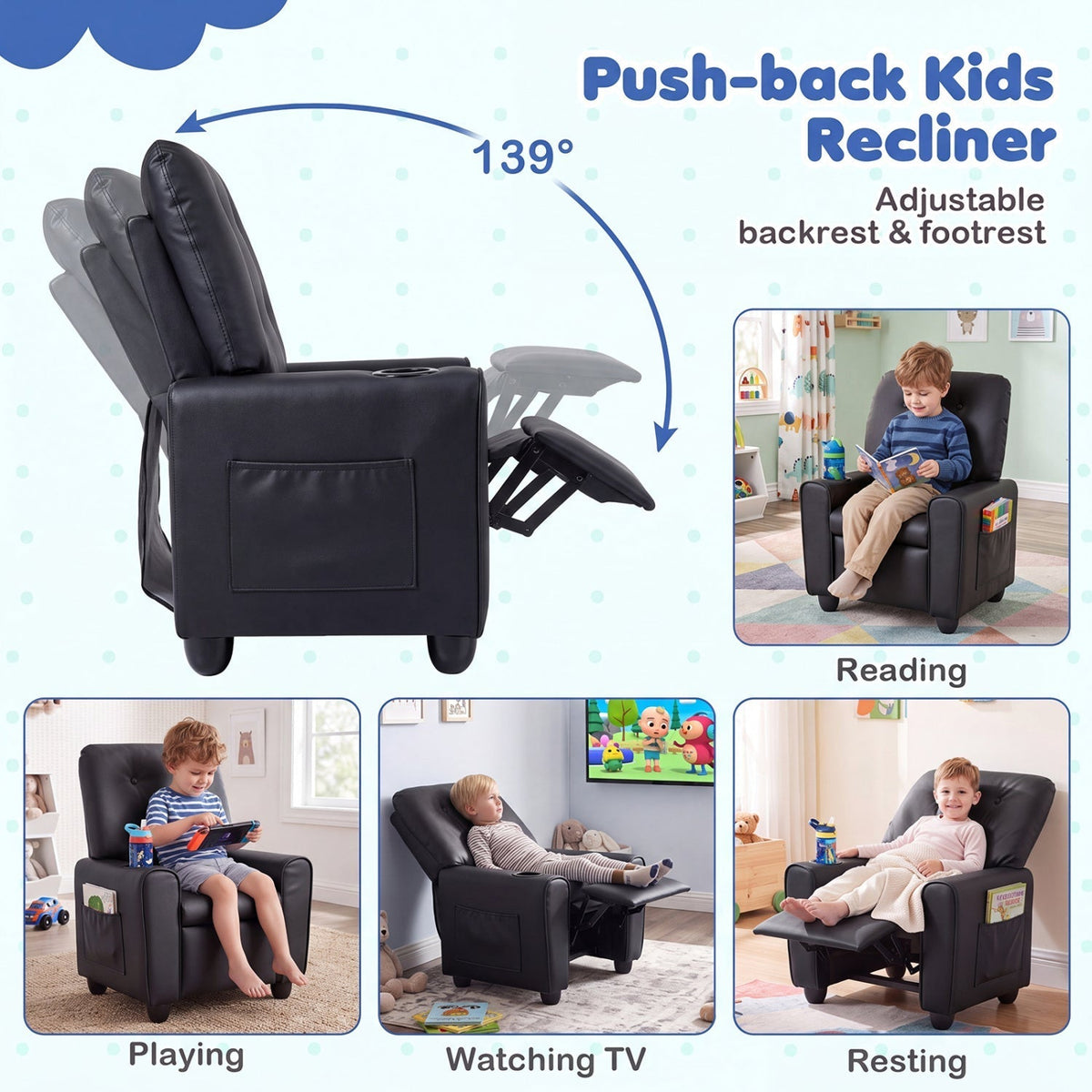 Kids Recliner Chair with Cup Holder & Adjustable BackrestKids ReclinerTorqelo.com