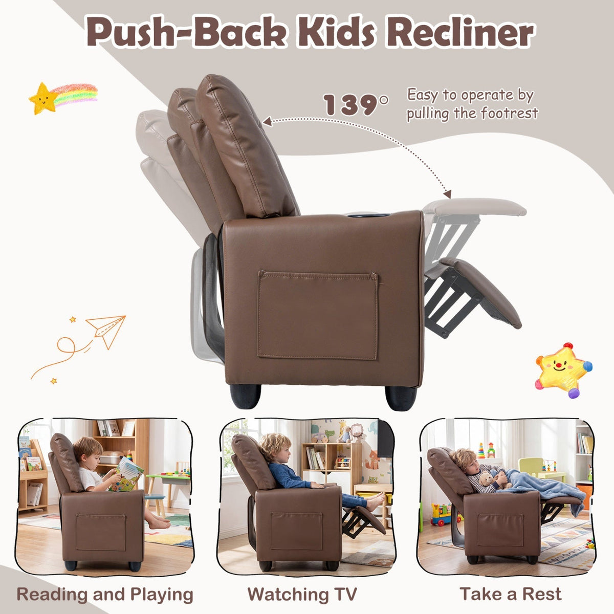 Kids Recliner Chair with Cup Holder & Adjustable BackrestKids ReclinerTorqelo.com