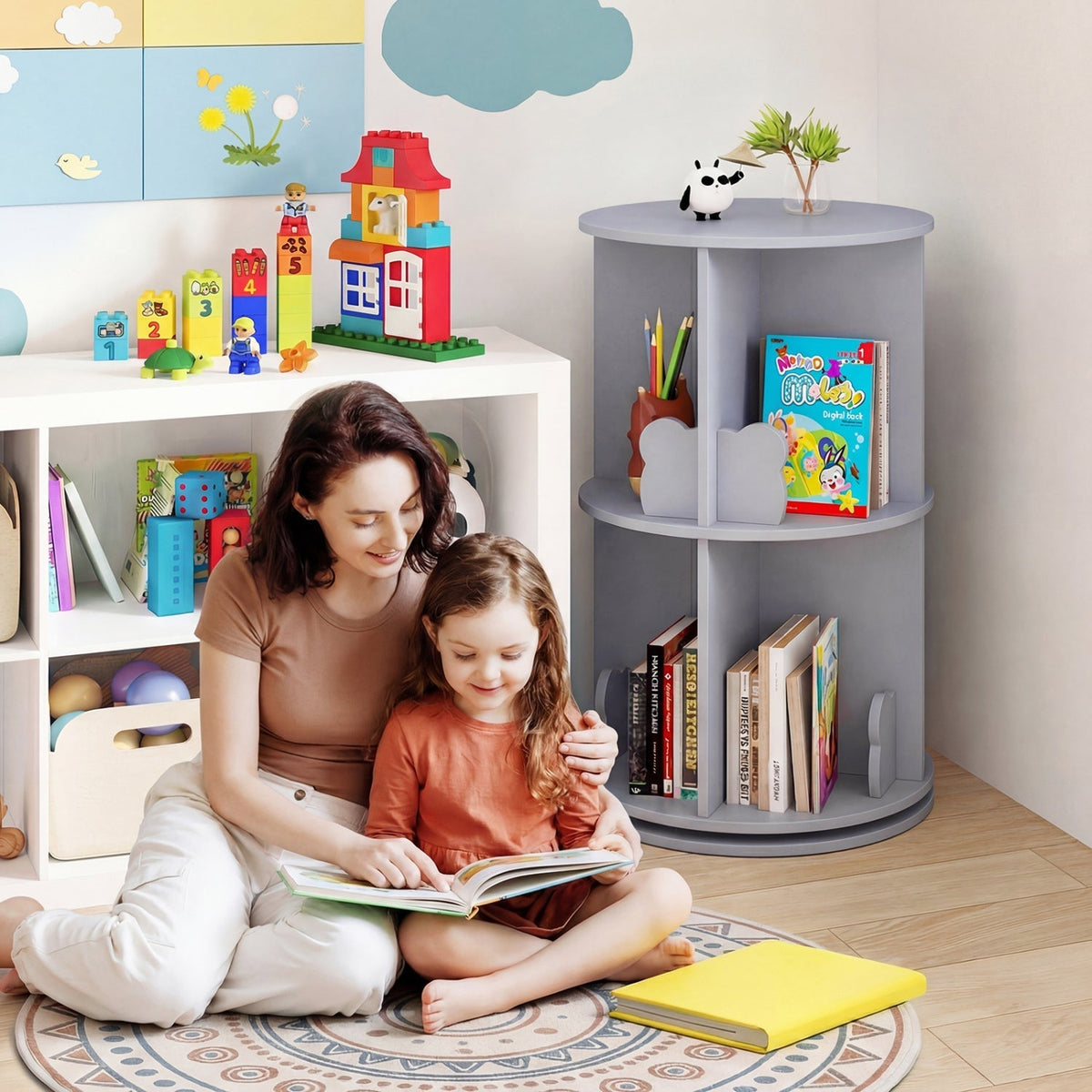 Kids Rotating Bookshelf 2-Tier Storage Rack with Bear BafflesKids BookshelfTorqelo.com