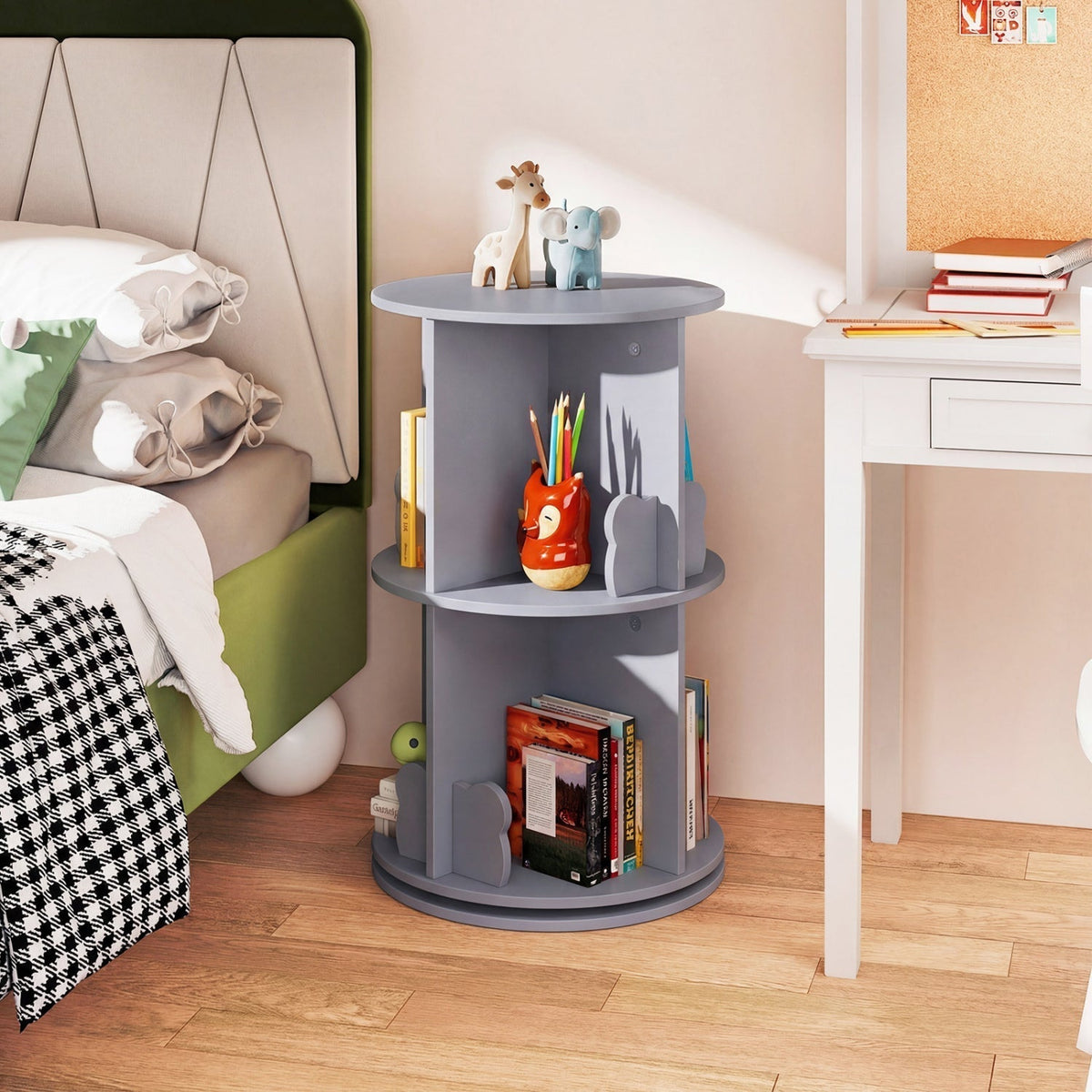 Kids Rotating Bookshelf 2-Tier Storage Rack with Bear BafflesKids BookshelfTorqelo.com