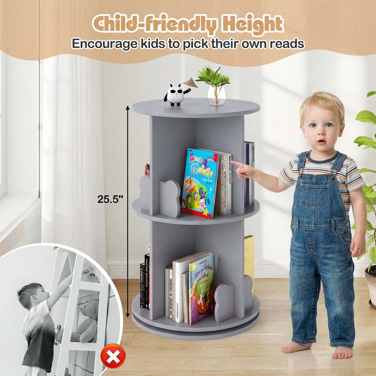 Kids Rotating Bookshelf 2-Tier Storage Rack with Bear BafflesKids BookshelfTorqelo.com