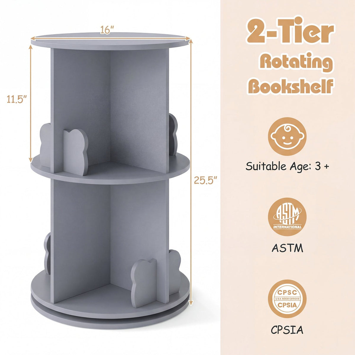 Kids Rotating Bookshelf 2-Tier Storage Rack with Bear BafflesKids BookshelfTorqelo.com