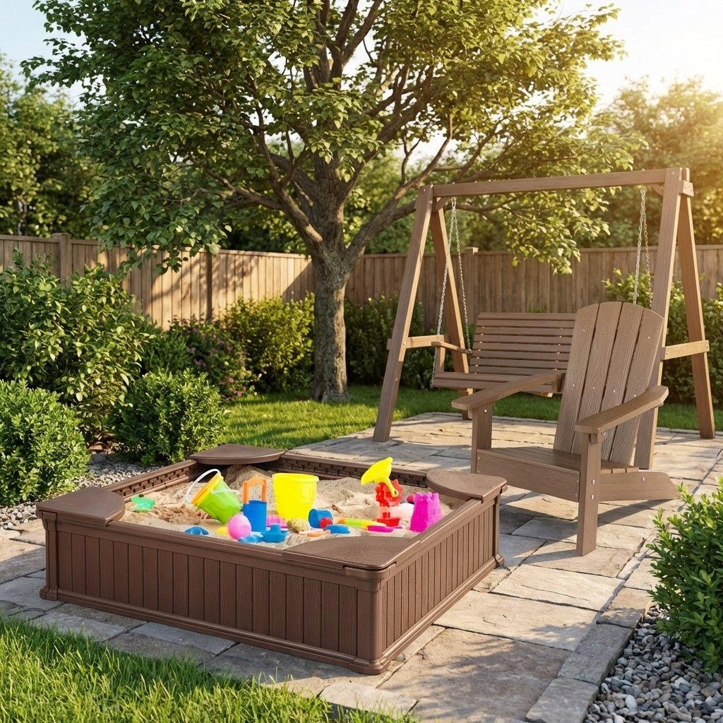 Kids Sandbox with Cover and Seats with 2 Kids Adirondack ChairsTorqelo.com