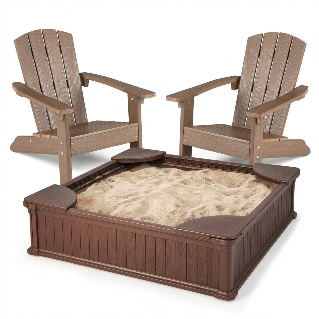 Kids Sandbox with Cover and Seats with 2 Kids Adirondack ChairsTorqelo.com