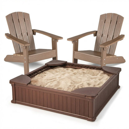 Kids Sandbox with Cover and Seats with 2 Kids Adirondack ChairsTorqelo.com