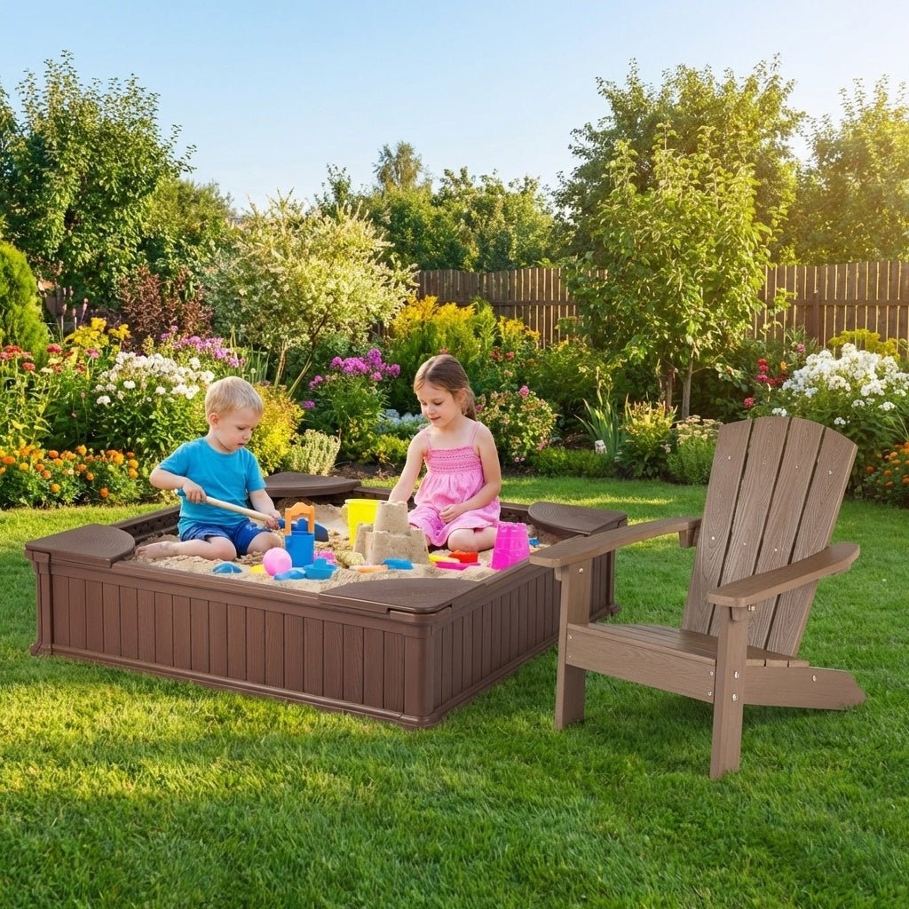 Kids Sandbox with Cover and Seats with 2 Kids Adirondack ChairsTorqelo.com