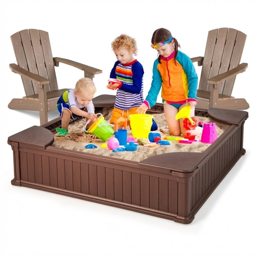 Kids Sandbox with Cover and Seats with 2 Kids Adirondack ChairsTorqelo.com