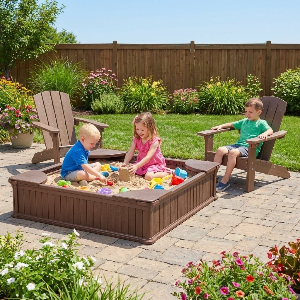 Kids Sandbox with Cover and Seats with 2 Kids Adirondack ChairsTorqelo.com