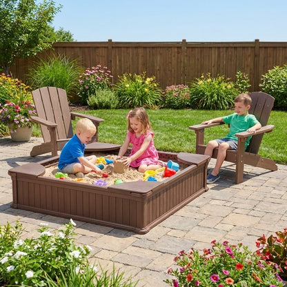Kids Sandbox with Cover and Seats with 2 Kids Adirondack ChairsTorqelo.com