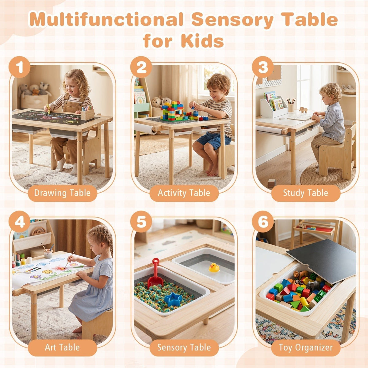Kids Sensory Table Set with Adjustable Height and 2 ChairsKids Table SetTorqelo.com
