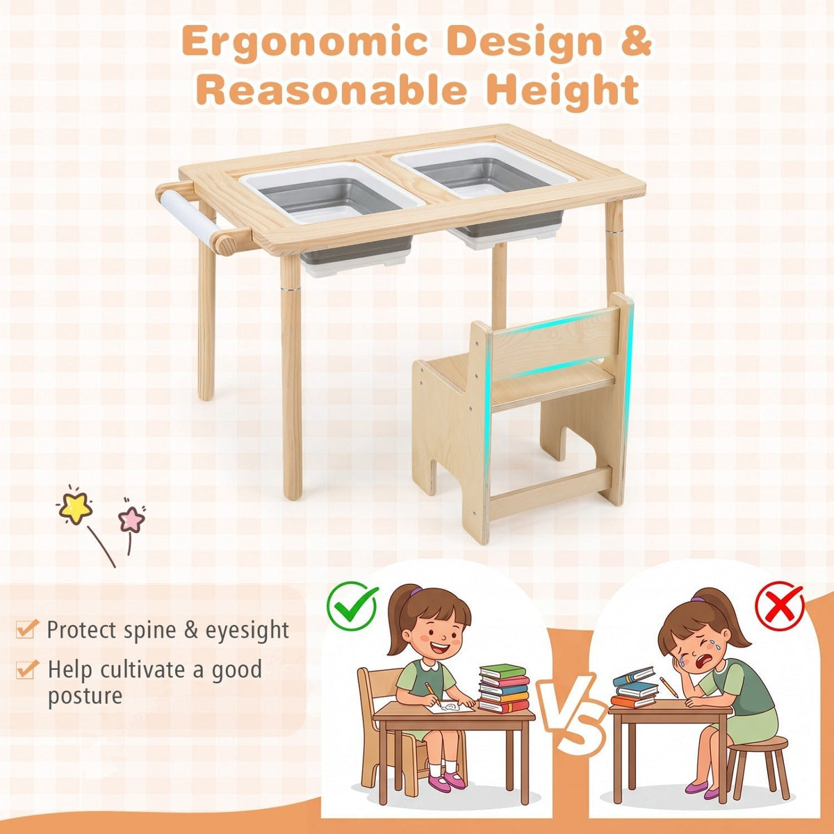Kids Sensory Table Set with Adjustable Height and 2 ChairsKids Table SetTorqelo.com