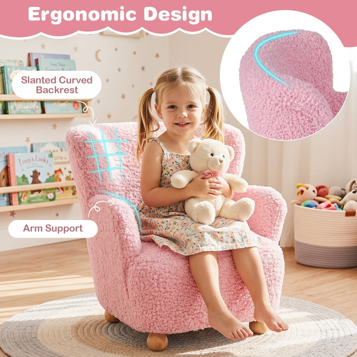 Kids Sherpa Armchair with Solid Wood Legs - Light PinkKids FurnitureTorqelo.com