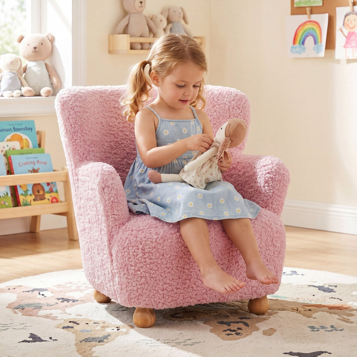 Kids Sherpa Armchair with Solid Wood Legs - Light PinkKids FurnitureTorqelo.com