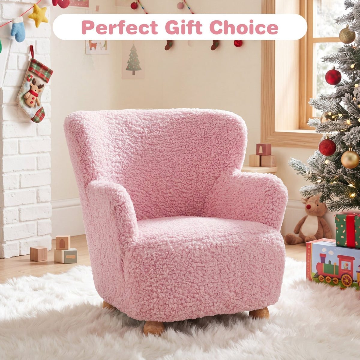 Kids Sherpa Armchair with Solid Wood Legs - Light PinkKids FurnitureTorqelo.com