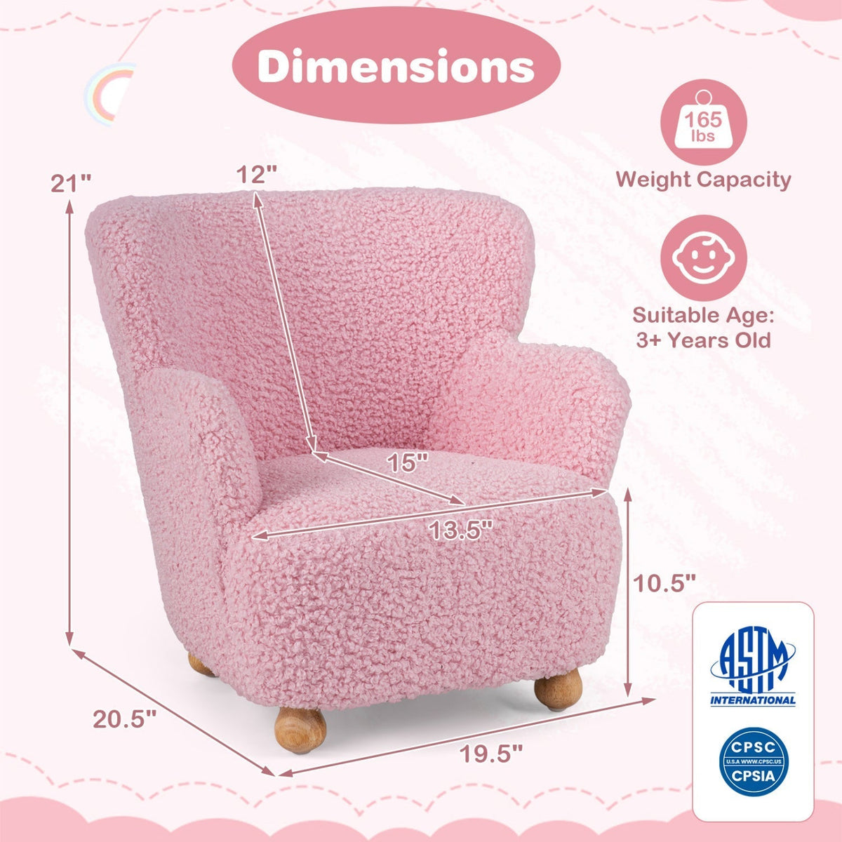 Kids Sherpa Armchair with Solid Wood Legs - Light PinkKids FurnitureTorqelo.com